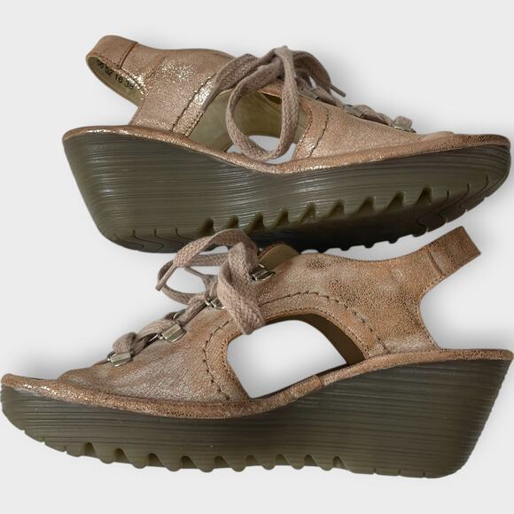 Fly London YLVA Sandals Wedge Leather Suede Gold Lace Up Size 38 US Size 8 - Picture 6 of 10